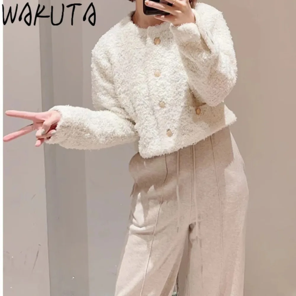 Wakuta Japanese O Neck Long Sleeve New Coat Women Sweet Single Breasted Temperament Jackets Knit Small Fragrance Outwears