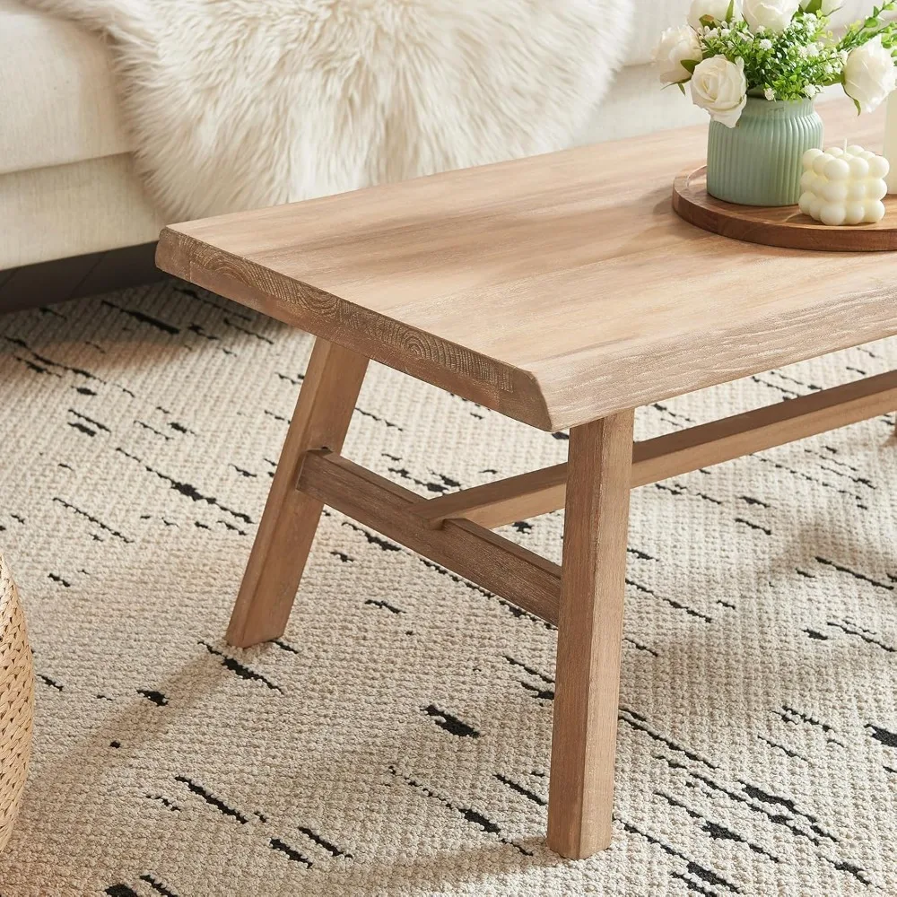 43 طاولة قهوة من الخشب الصلب للمزرعة، طاولة مركزية مستطيلة ريفية لغرفة المعيشة، طبيعية #4