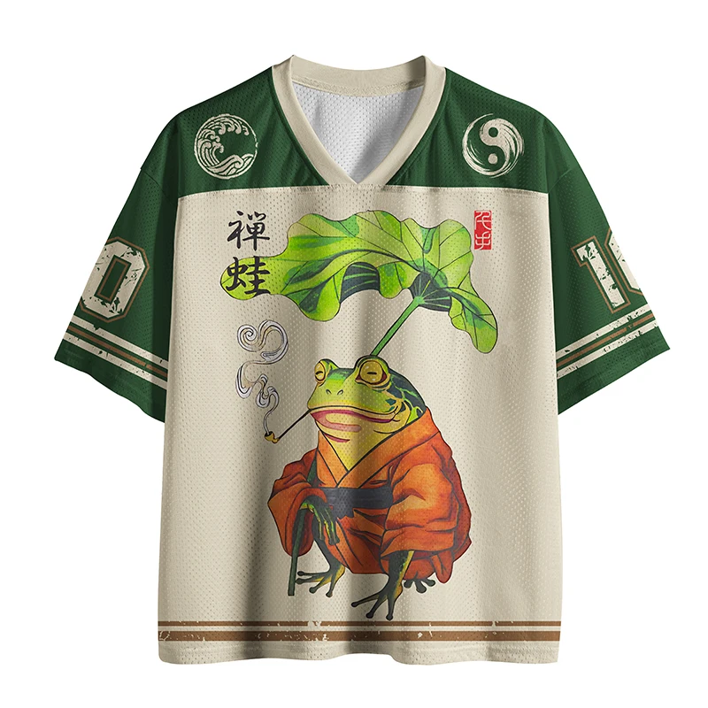 T-shirt Col V Ample Rétro pour Adultes et Enfants, Motif Grenouille Zen Oriental, Peinture à l'Encre Chinoise, Motif Vague Tai Chi