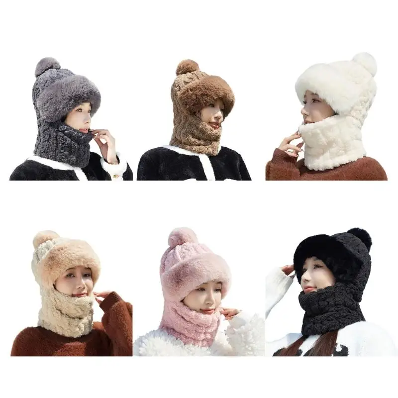 

A52E Winter Warmth Knitted Hat with Scarf Face Cover Plush Thick Pullover Hat Cold Weather Essential for Women Skiing Hiking