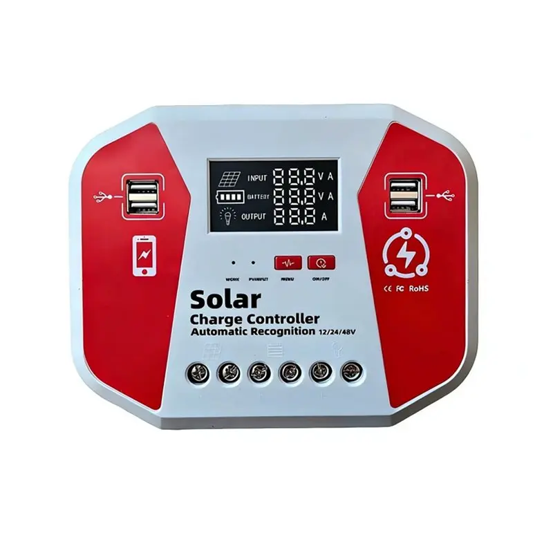 LICE-Auto PV Regulator Solar Charge Controller 12V 24V 48V LCD Display 4 USB Ports For Lead Acid And Li Battery 60A