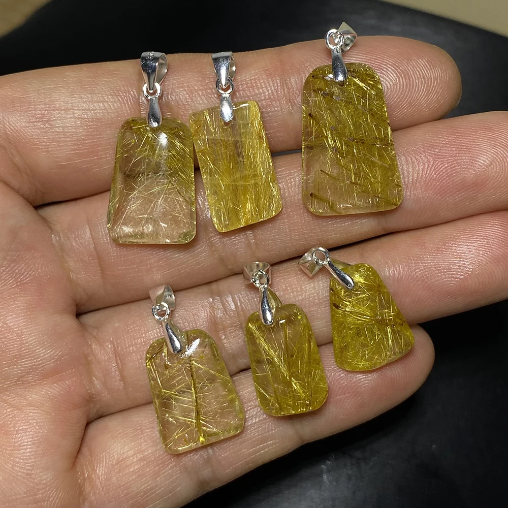 Unit One Piece High Quality Natural Cooper Rutile Quartz Crystal Square Pendant With 925 Silver Hook