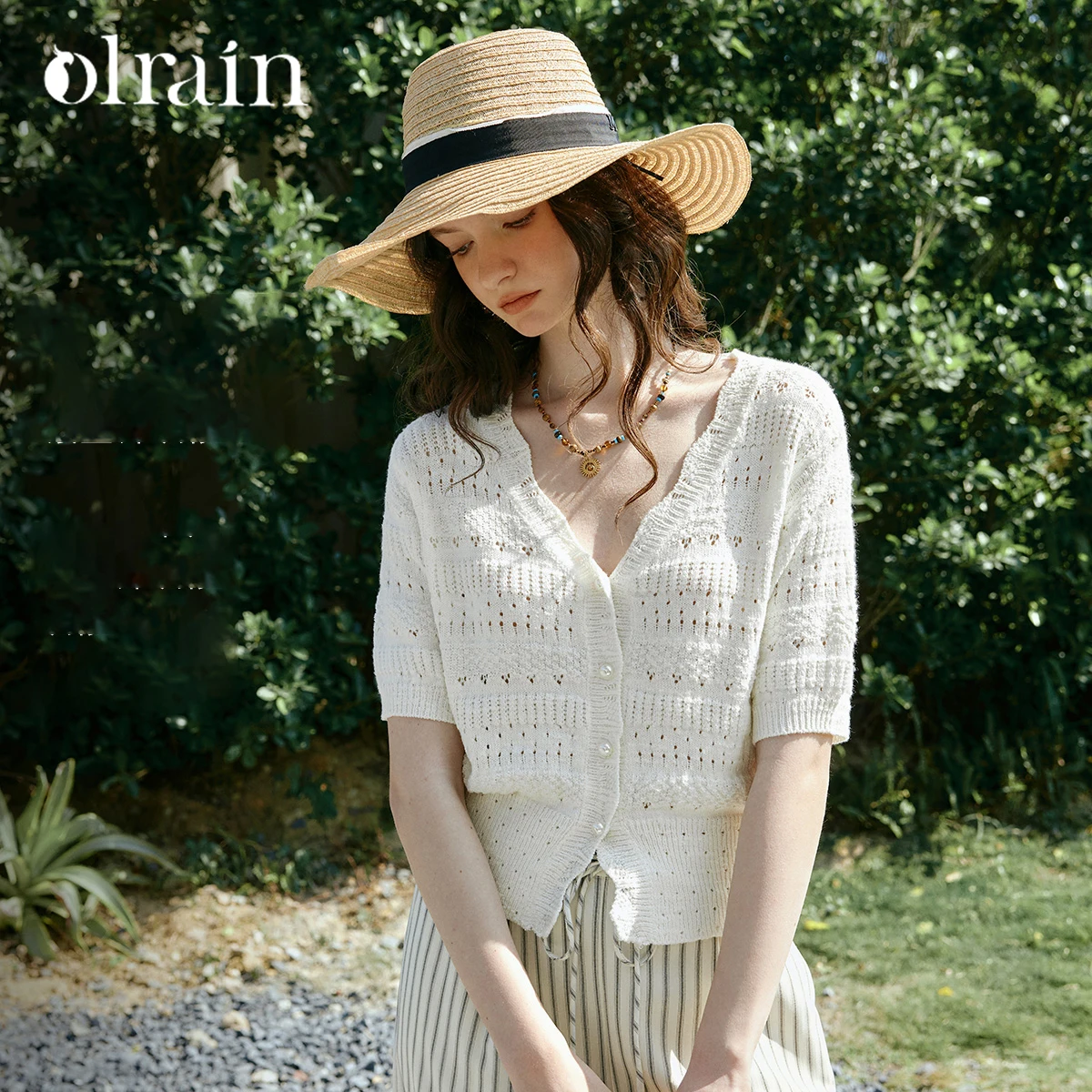 

OLrain Women's Knit Cardigan V-neck Texture Hollow Solid Color Thin Short Sleeve Knitwear 2026 Summer French Top O58XZ005395