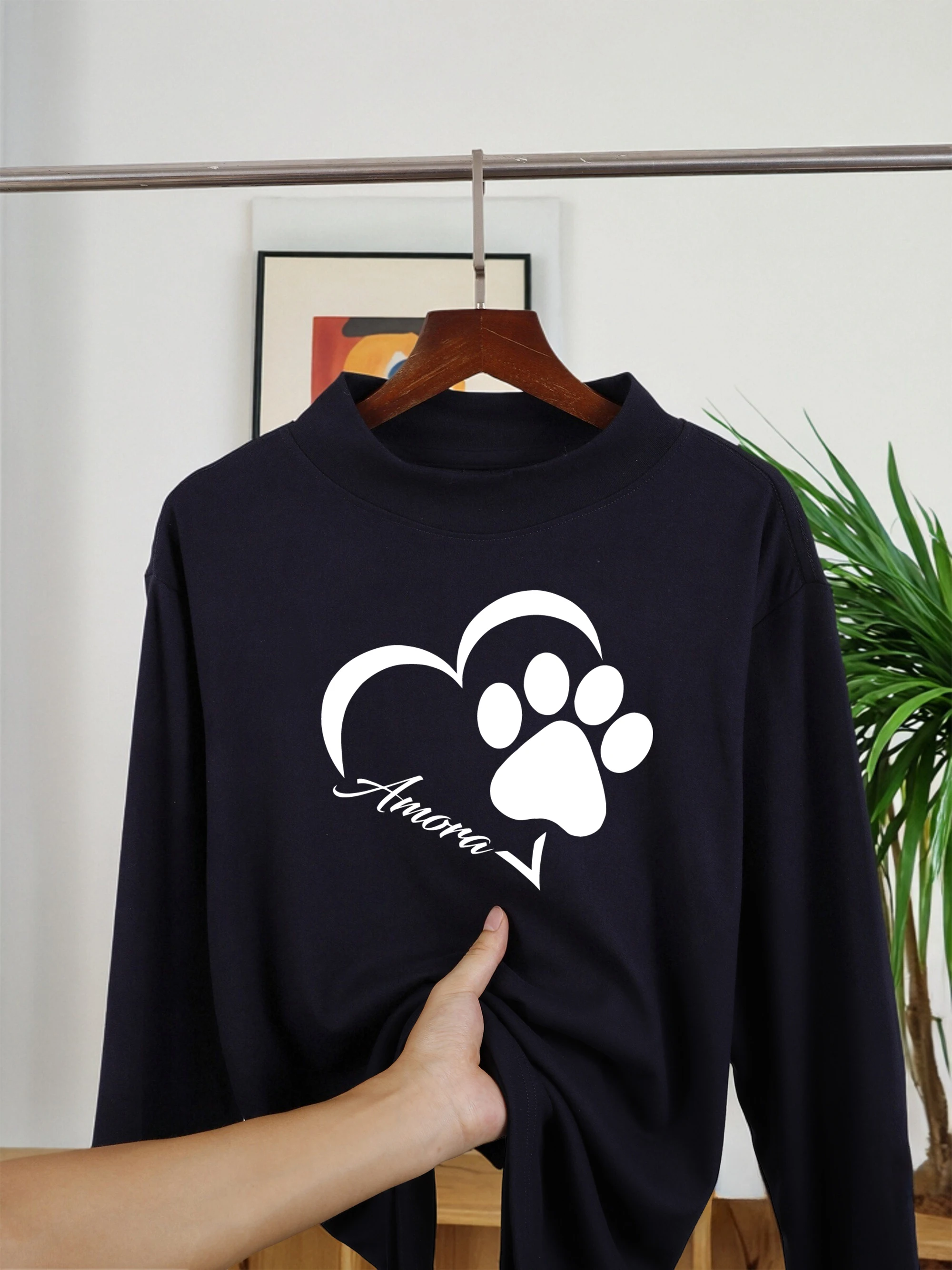 Koszulki damskie z nadrukiem kreatywnym z motywem miłości i kociego łapka, z półgolfem, ciepłe na jesień, z długim rękawem, z polaru w stylu Y2K, codzienne ubrania streetwear