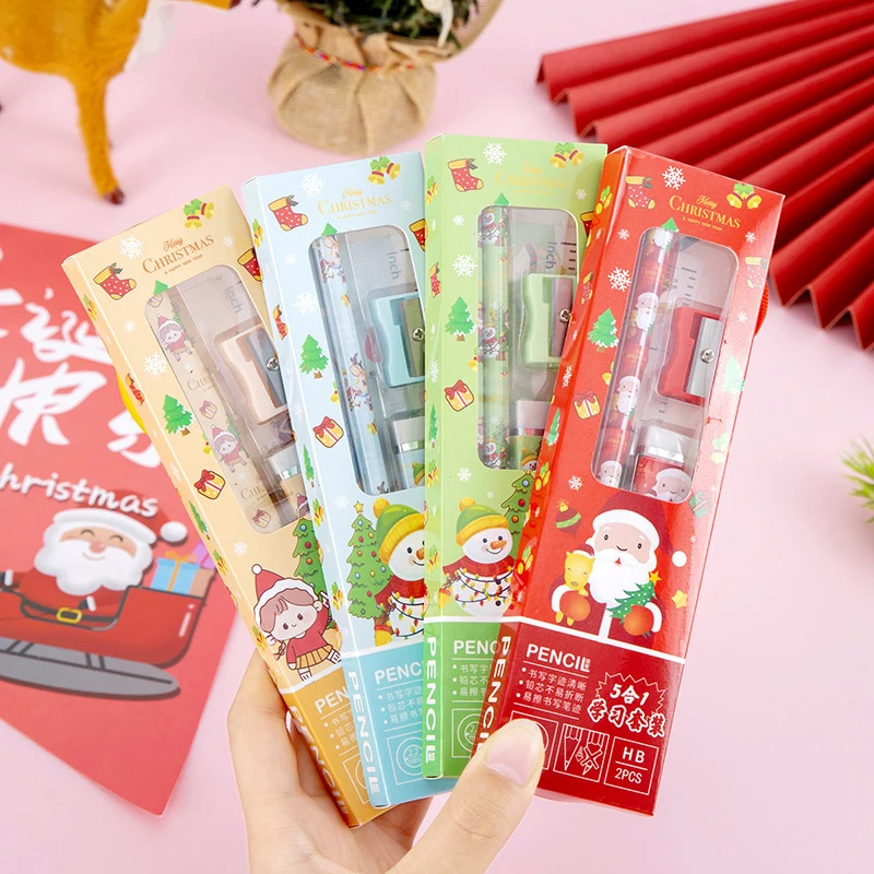 5Pcs/set Christmas Series Kids Stationery Students Ruler Pencil Eraser Pencil Sharpener Kit School Rewards Supplies