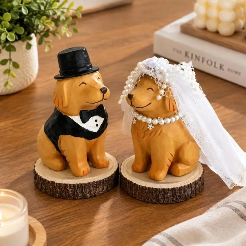Bride and Groom Dog Figurine, 2-Piece Wedding Dog Statue Animal Sculpture on Individual Round Bases for Shelves and Y5GB