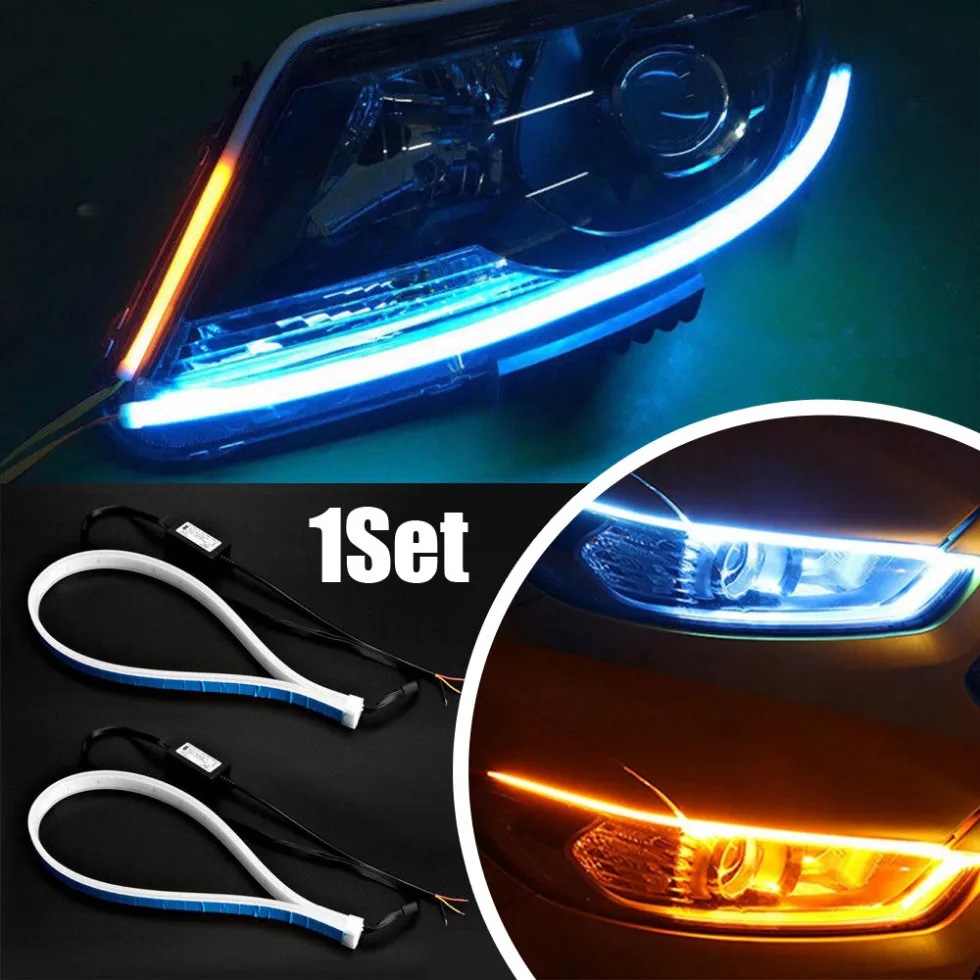 

2pcs Car Tube Flexible Soft LED Strip White 45cm Car Daytime Running Light Yellow Turn Signal Lamps 12V DC 20W Auto Accessories