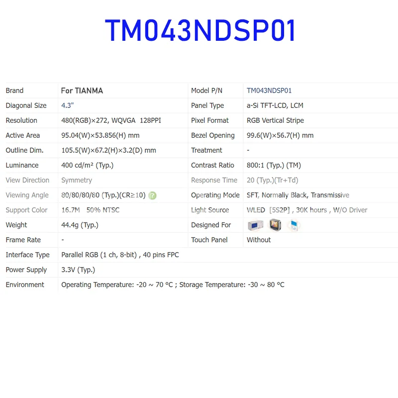 TM043NDSP01 4.3 Inch Original LCD Display Screen Panel for TIANMA Brand New and Fast Shipping 100% Tested