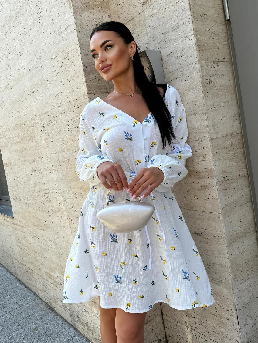 

Marthaqiqi Printing Ladies Nightwear Sexy V-Neck Pajama Long Sleeve Nightgown Lace Up Sleepwear Mini Dress Cotton Female Nightie