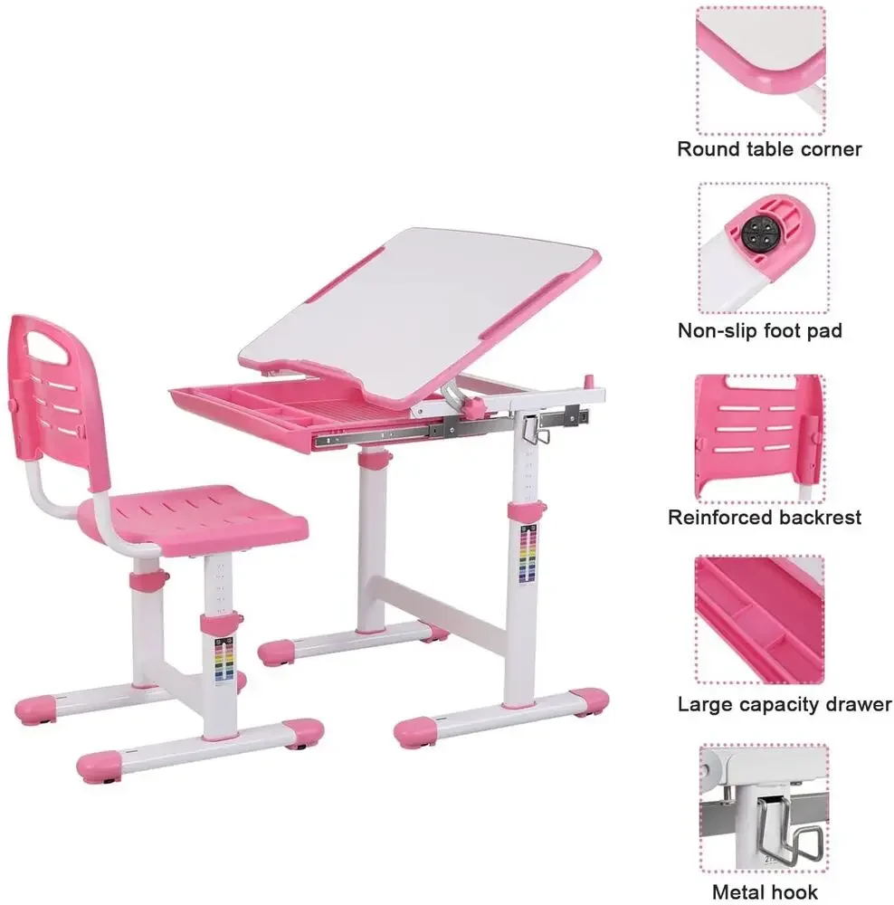 Mesa infantil com gaveta de cadeira e suporte de leitura infantil rosa para crianças mesa de estudo e cadeira 3-10 anos