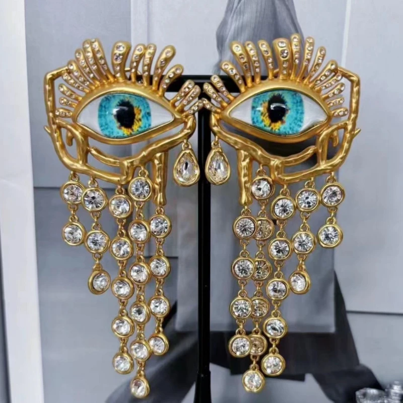 Europe America Blue Eyed Crystal Tassel Long Gold Earrings Woman Top Quality Luxury Jewelry