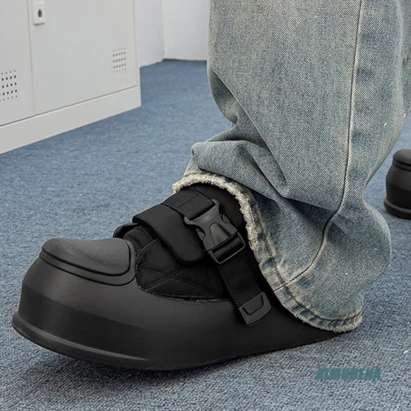 Round Toe Black Platform Sneakers with Adjustable Buckle Men's Street Style Minimalist Autumn Winter Urban Casual Fashion Shoes