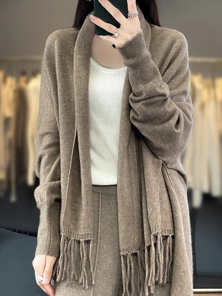 New Women's Tassel Cardigan Autumn Winter Cashmere Sweater 100% Merino Wool Knitwear Female Grace Solid Colour Warm Soft Cape