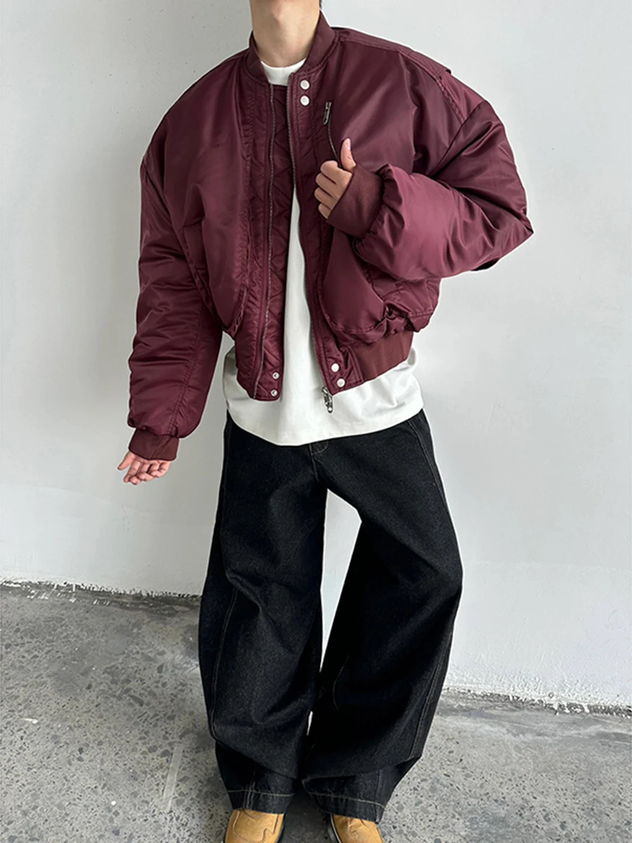 

Red Wine Color Bomber ort Jaet Men's Cotton Clothes Winter CleanFit American High Street Cool Cotton Coat Outerwear