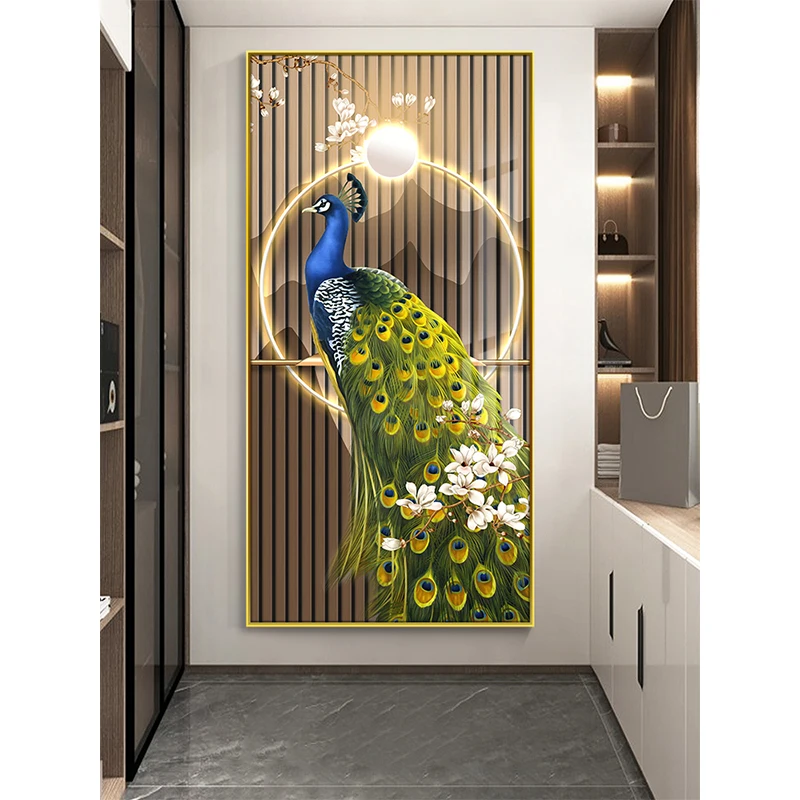 New Chinese Style Luxury Peacock Canvas Painting Wall Art Entrance Decoration Painting Animal Poster for Living Room Porch Decor