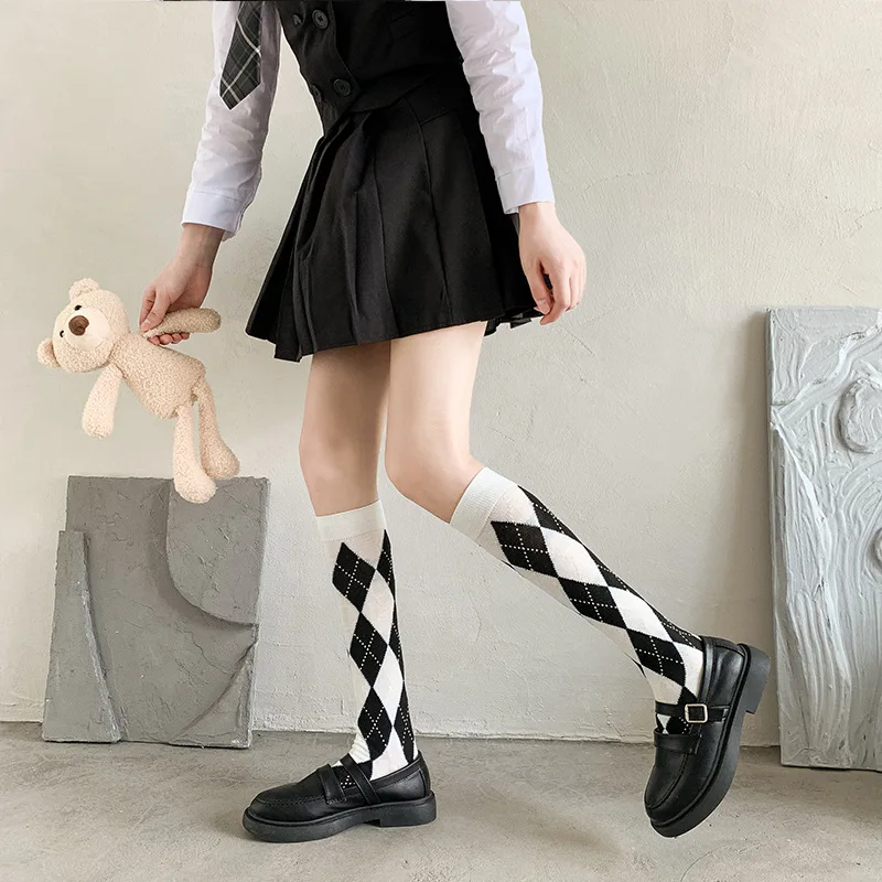 Internet Celebrity Calf Jk Cotton Rhombus White Tube Japanese-Style Retro Stockings Ins Trendy Knee-Length Socks