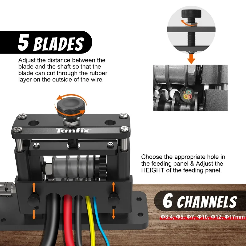 Automatic Electric Wire Stripper Machine, Cable Stripping Machine 6 Channels & 5 Carbide Blade, Adjustable Stripping Wire Tools