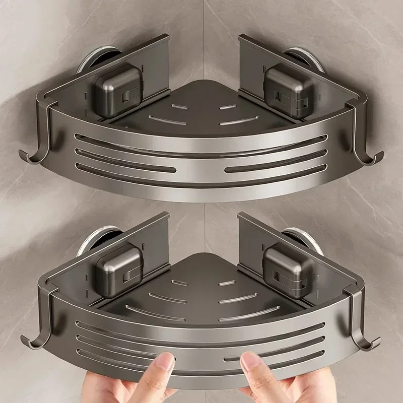 Strong Suction Cup Corner Shower Caddy, No Drill Wall Mount Bathroom Triangle Shelf, Adhesive-Free Organizer for Show Storage