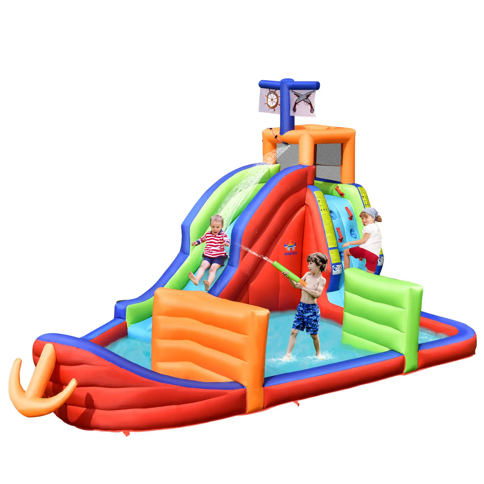 Costway 6-in-1 Pirate Ship Waterslide Kid Inflatable Castle w/Water Guns Blower Excluded