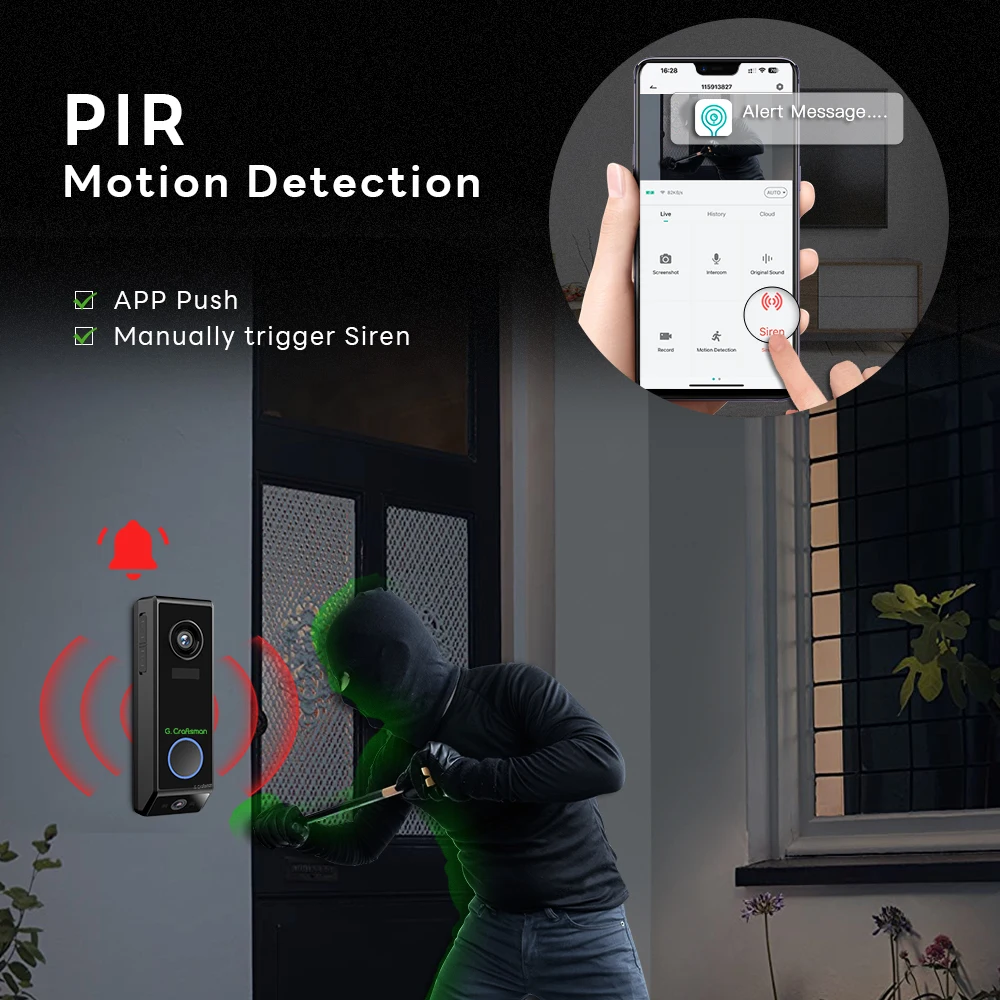 G.Craftsman Wireless WiFi Video Doorbell with Battery,Smart PIR Motion Detection,Night Vision,Intercom Doorbell Ring P10