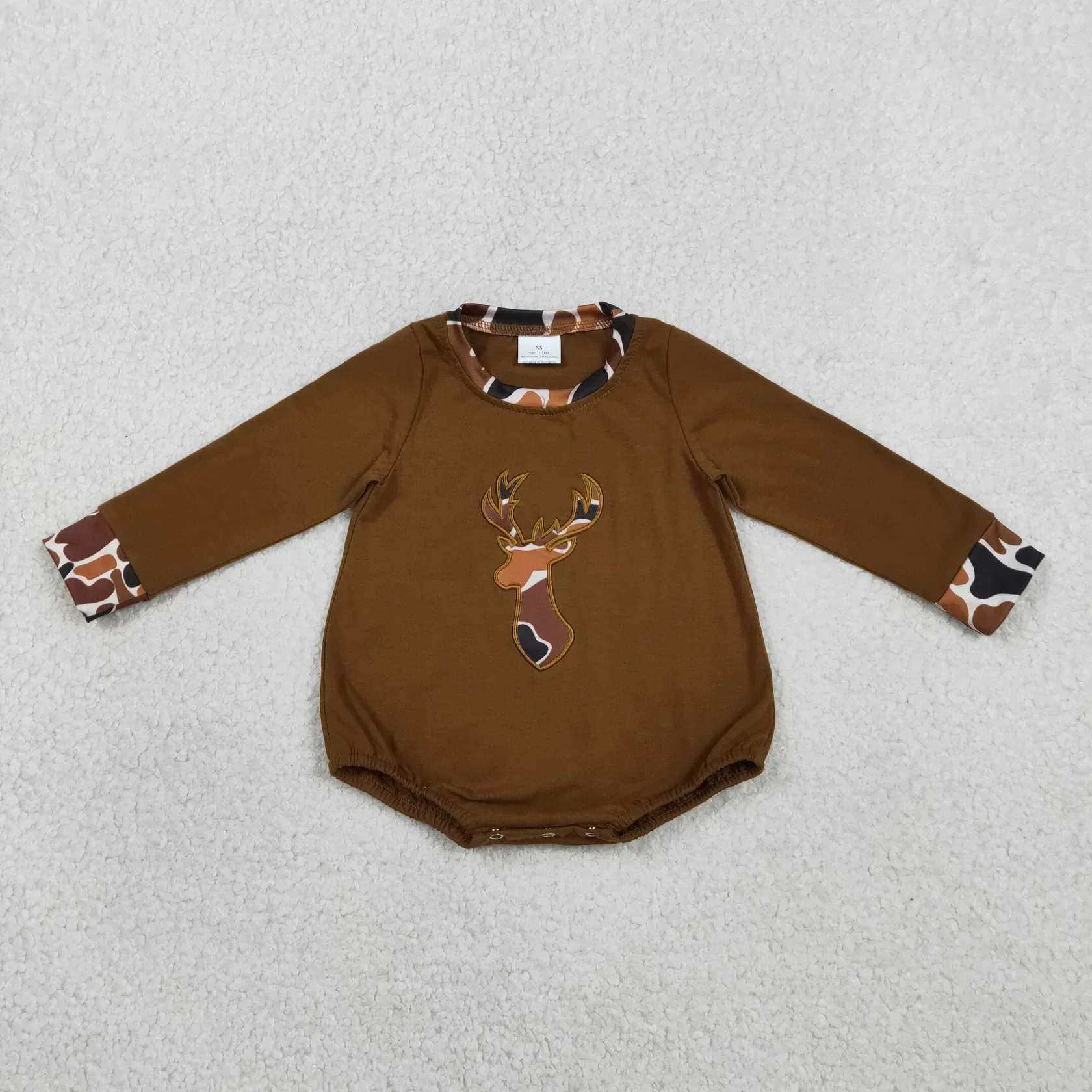 Wholesale Kids Infant Newborn Coverall Bodysuit Brown Clothes Baby Boy Children Long Sleeves Embroidery Deer Toddler Camo Romper