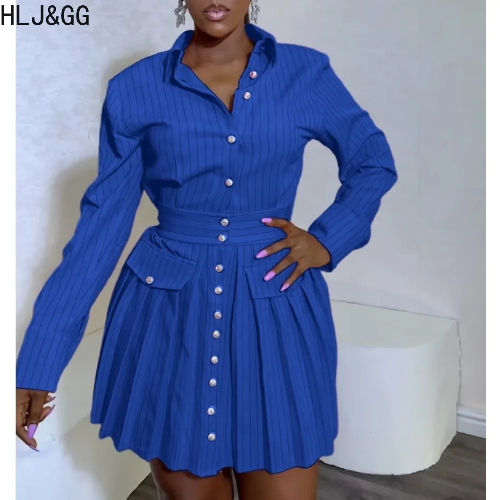 

HLJ&GG Elegant Lady Stripe Print Button Shirt Pleat Dresses Women Turndown Collar Long Sleeve A-line Mini Dress Fashion Vestidos