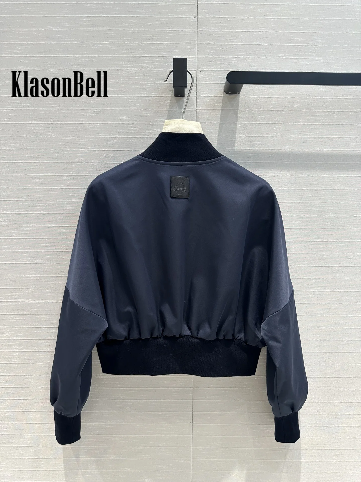 9.7 KlasonBell Women Clothes Fashion Baseball Jacket Black Letter Brand Ribbed Stand Collar Spliced Zipper Short Outerwear