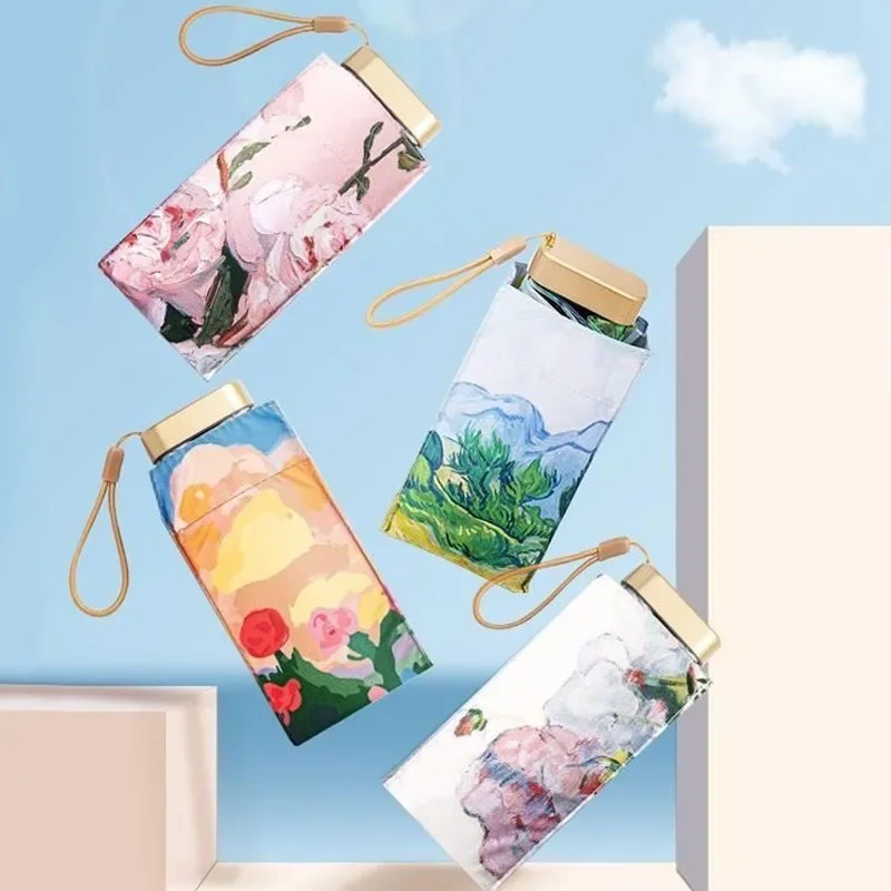 Mini Sun Umbrella Rose Oil Painting Small Pocket Folding UV Protective Sunshade Umbrella