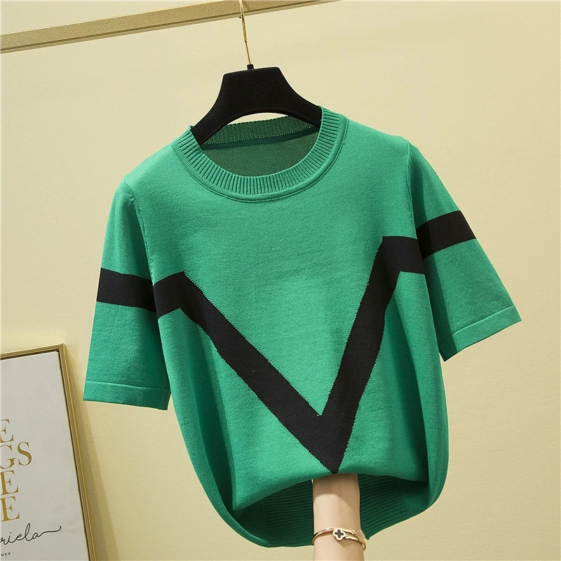 Shintimes T-shirt Für Frauen Farbe Block Lose Kurzarm Tops 2025, Sommer Frau Kleidung Casual Stricken T-shirt O Neck Tees