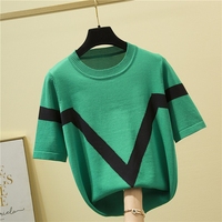 shintimes T-shirt For Women Color Block Loose Short Sleeve Tops 2025 Summer Woman Clothing Casual Knit Tshirt O Neck Tees