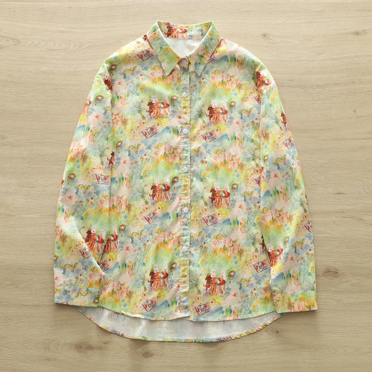 New Autumn Cotton Shirt For Women, Long Sleeve Oil Painting Kitten Tops, Sweet Cute Loose Blouses, 2024 Spring New T41535QM