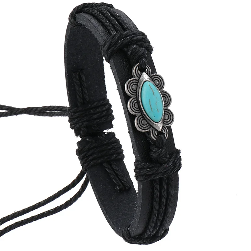 Punk Vintage Turquoise Stone Flower Charm Leather Bracelets Personality Hand Woven Adjustable Leathers Wristband Unisex Jewelry