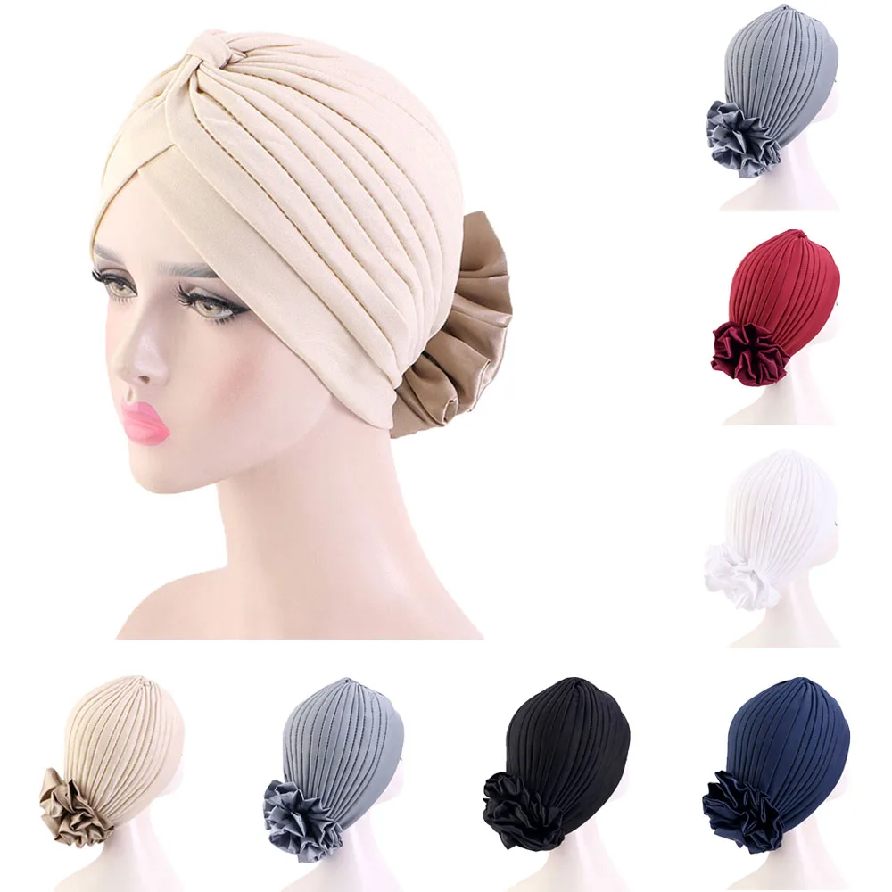 

Stretchy Satin Flower Turban Bonnet For Women Muslim Under Hijab Caps Solid Color Islamic Inner Hijabs Headwrap Chemo Cap