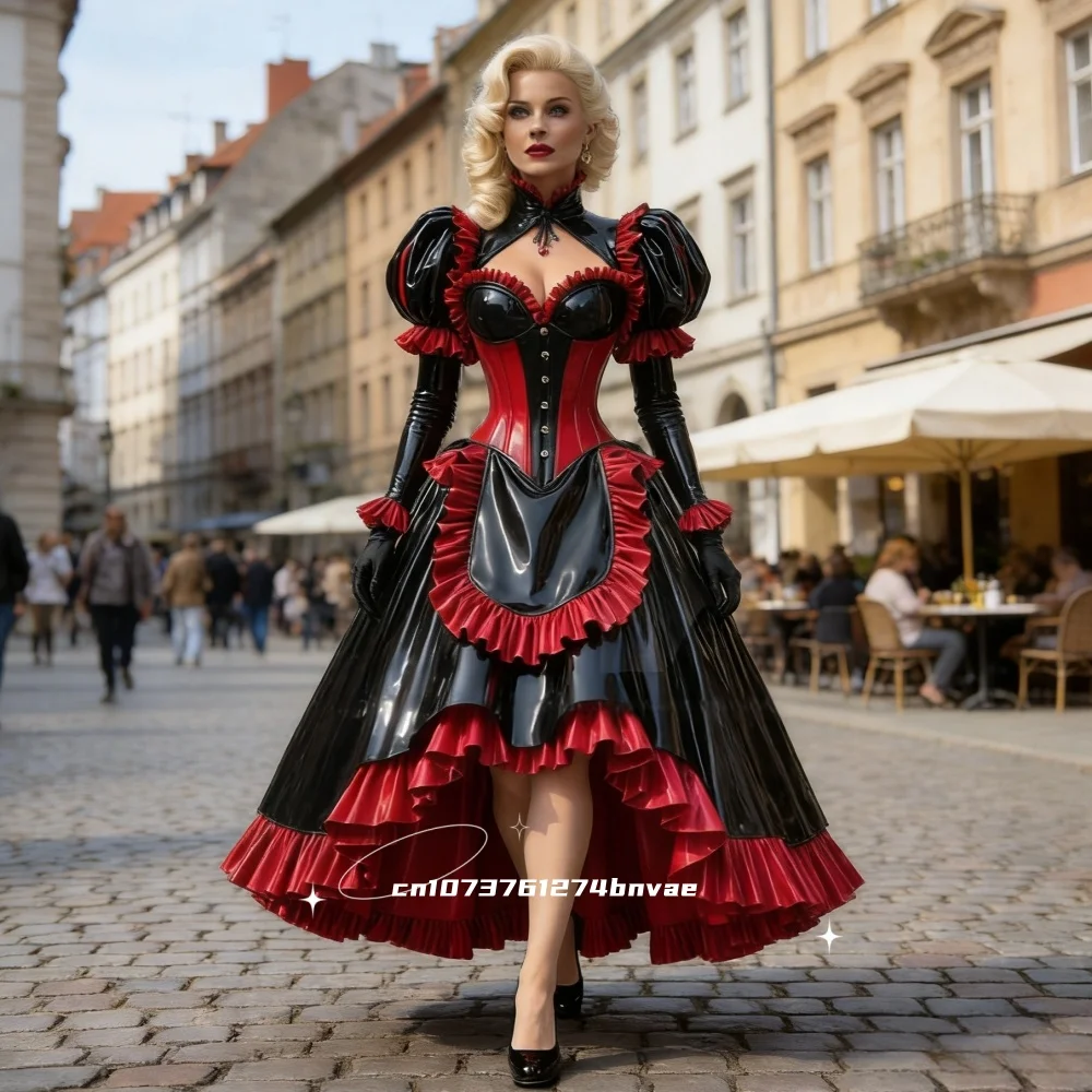 Vintage viktorianisches Dienstmädchen-Abschlussballkleid, High-Low-Kleid, glänzendes rotes und schwarzes PVC-Abendkleid, Puffärmel, Cosplay-Partykostüm, individuell gestaltet
