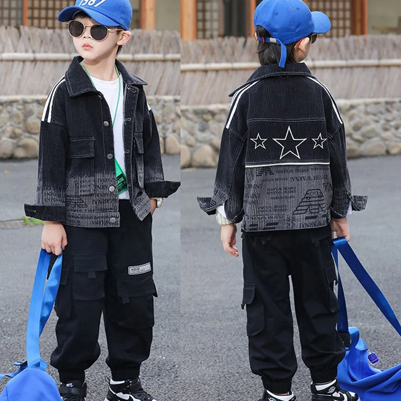 2024 Spring Autumn Teen-agers Boys Cowboy Jacket Patchwork Five-Pointed Star Pattern Fashion Coats For 2-12 Years Kids Outerwear