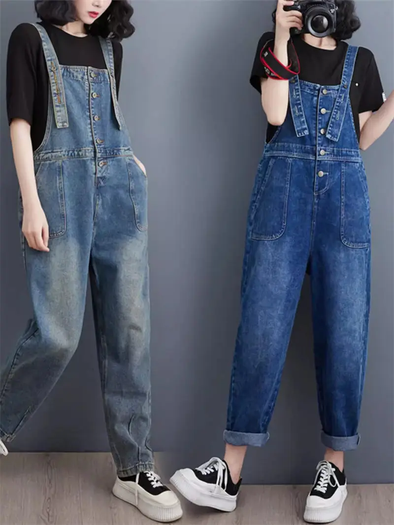 

Fashionable High Waisted Jeans Jumpsuit Women 2024 Spring And Autumn New Retro Loose Fitting Wide Leg Denim Strap Pants Z4964