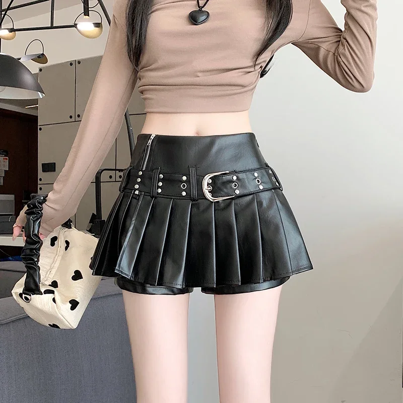 2024 Autumn/Winter Black Half length Skirt Pants Anti glare High waisted A-line Skirt pleated Skirt Short Skirt Shorts