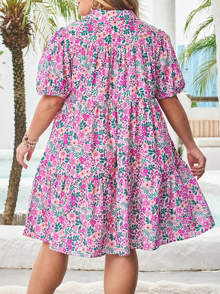 GIBSIE 플러스 사이즈 패션 레트로 퍼프 소매 셔츠 드레스 여성 2025 여름 플로럴 프린트 하이 웨이스트 휴가 루즈핏 미디 드레스