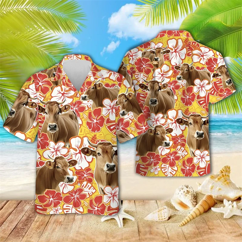 Brownswiss Cow 3D Print Shirts For Men Clothes Hawaiian Animal Cattle Graphic Beach Shirt Funny Swiss Cow Head Blouses Boy Tops