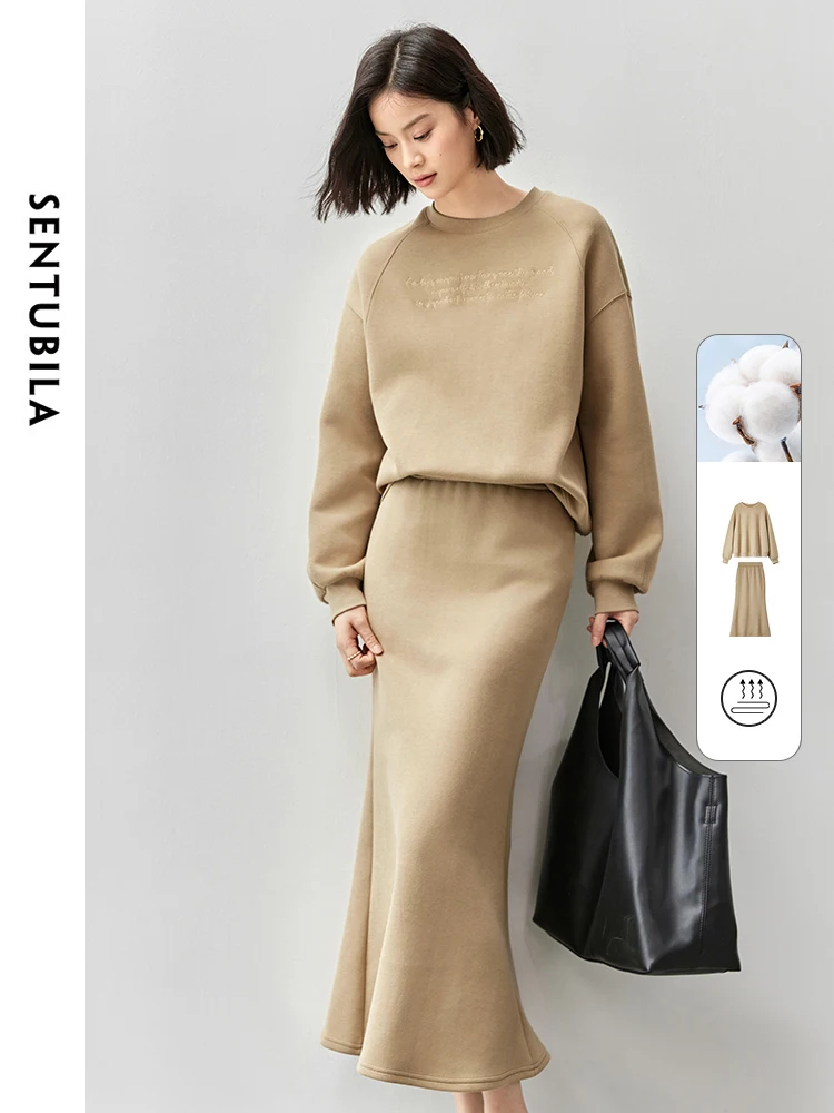 SENTUBILA femmes coton sweat ensemble 2025 automne lettre broderie hauts mode sirène jupe 2 pièces ensemble Match ensemble 143Z56391