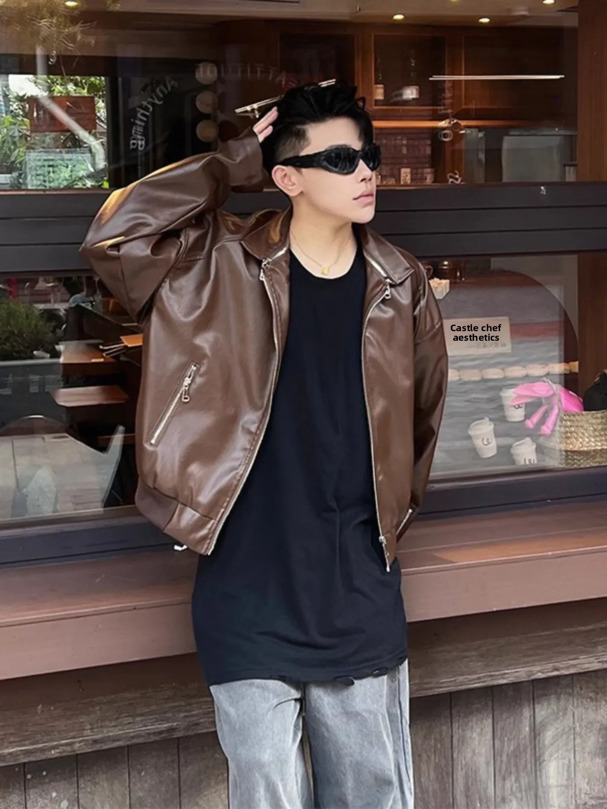 

American Retro Brown Leather Jaet Men's Spring Autumn Faion Brand High Sensation Cool Motorcycle Clothes oulder Pads ...
