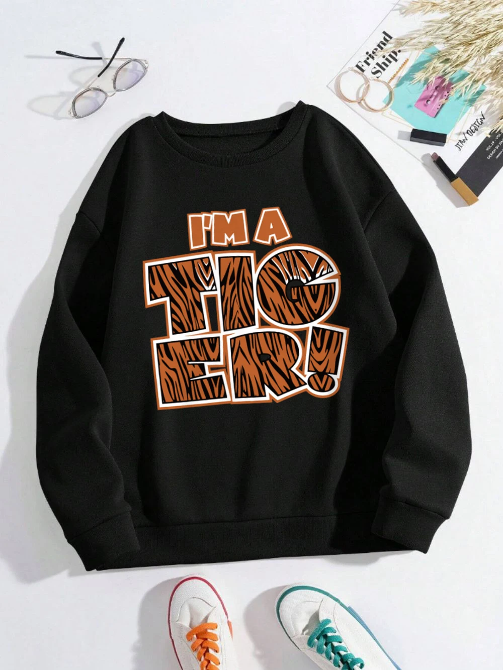 

I'M A Tiger Sweatshirts Women'S Letter Printed Hoodies Loose Fleece Warm Crewneck Clothes Street Comfortable Womans Pullover