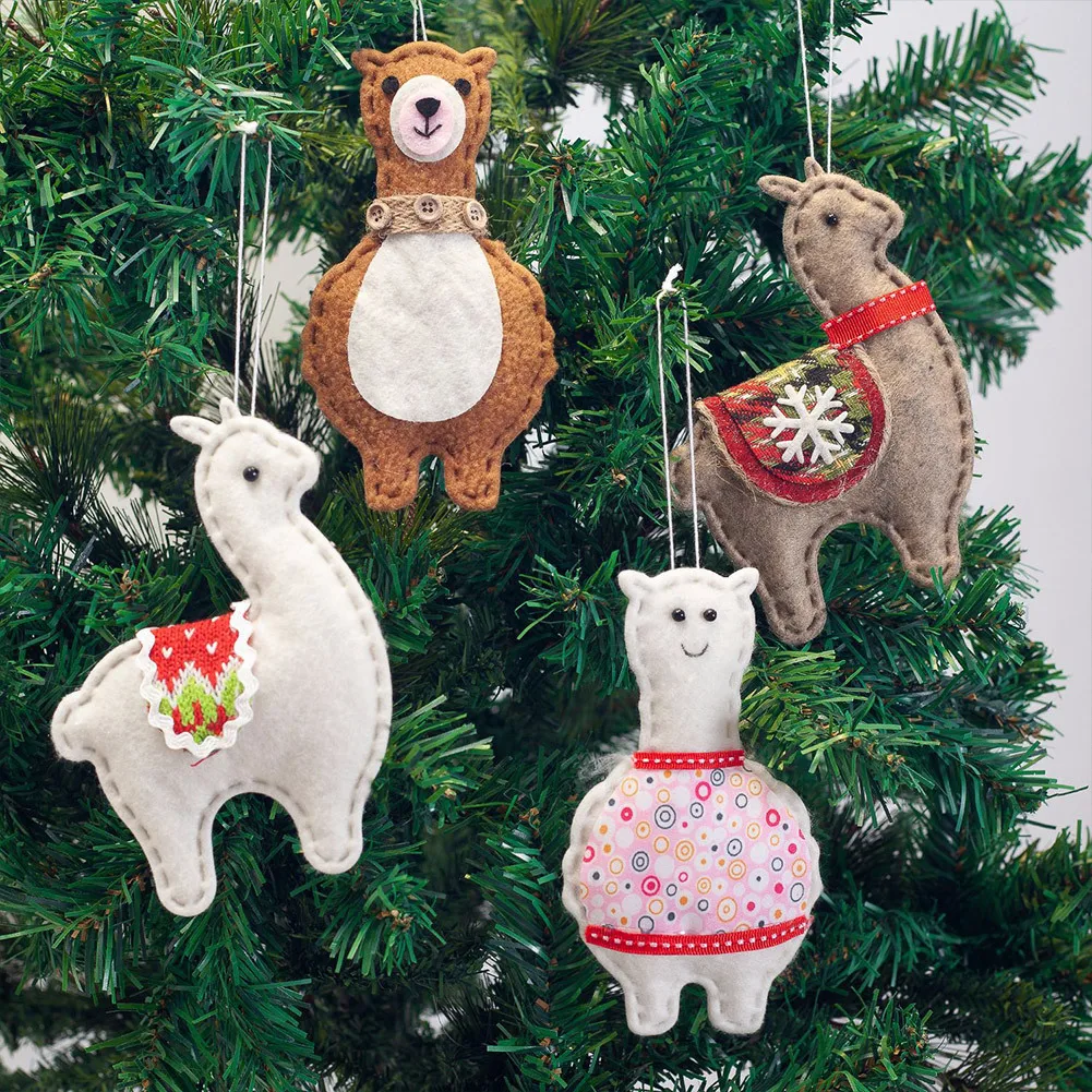 Mini Feltro Árvore De Natal Pingentes, Plush Alpaca Set, Pendurado Decoração De Ornamentos, 4Pcs