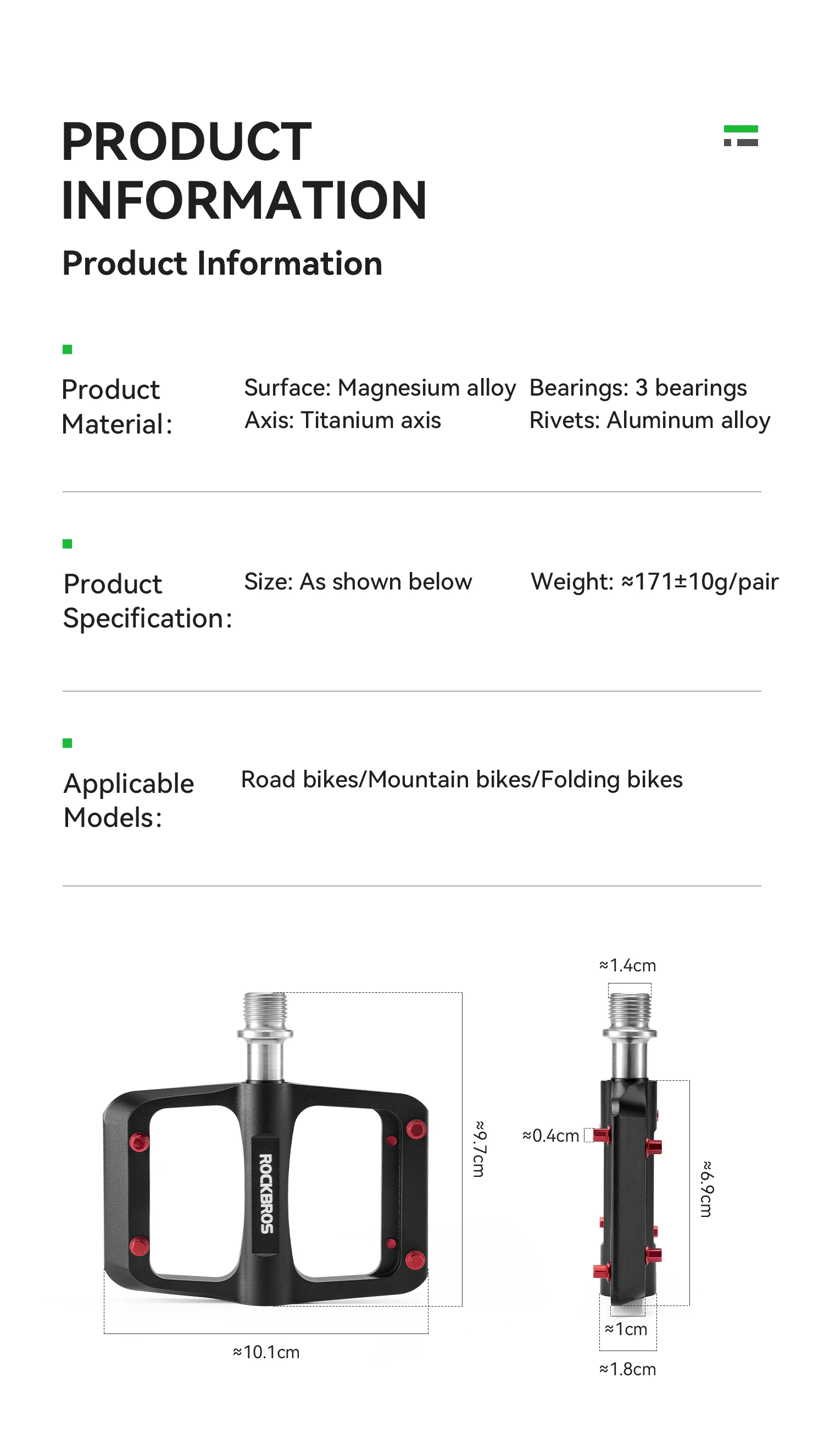 ROCKBROS Fahrradpedale Links/Rechts Leichtes Pedal 3 Lager Rennradpedal Verbreitertes Magnesiumlegierungs-Pedal Ultraleicht 171G – Detail 3