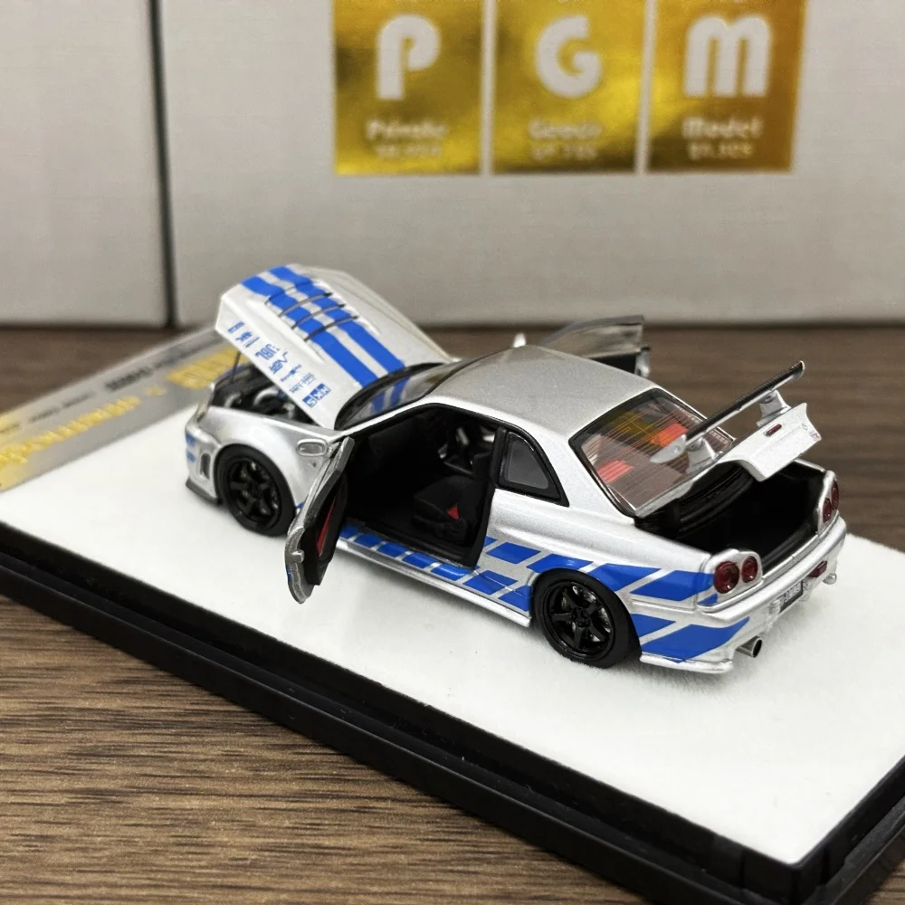 Newly Stocks PGM 1:64 Diecast Fully Opened GTR R34 Z-TUNE Fast and Furious Silver Blue Stripe Color In 2024