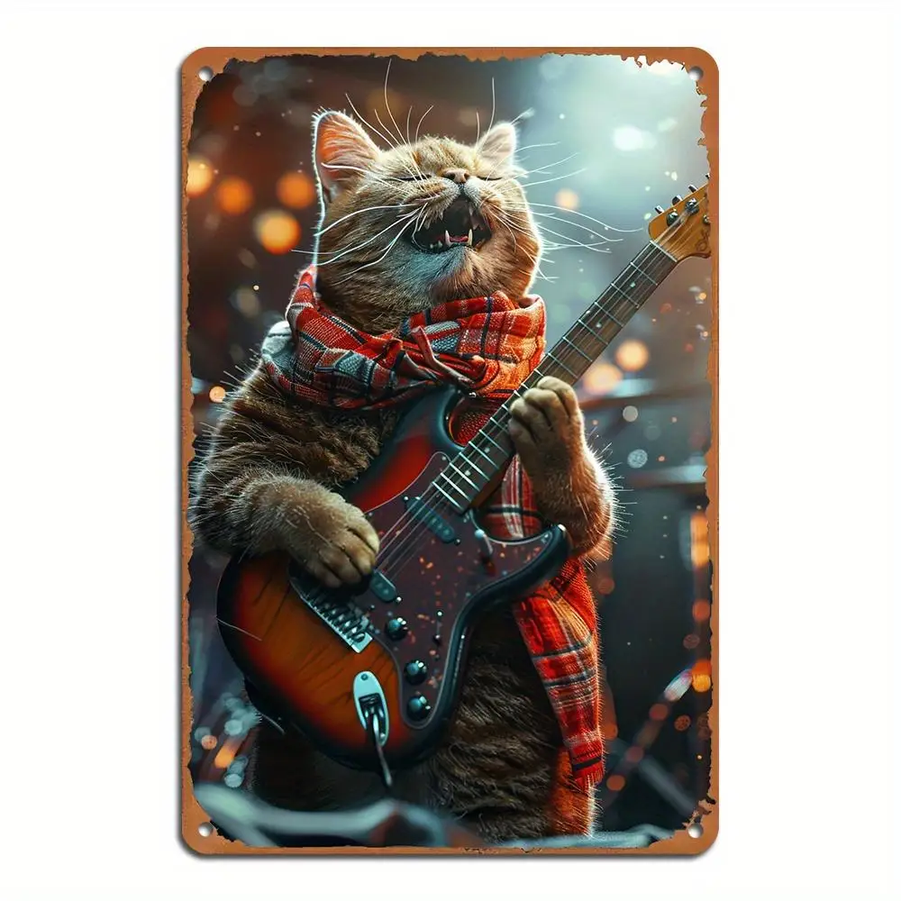 Um rock and roll gato tocando guitarra sinal de metal decoração de parede de ferro vintage 8x12 polegadas para casa bar café restaurante garagem