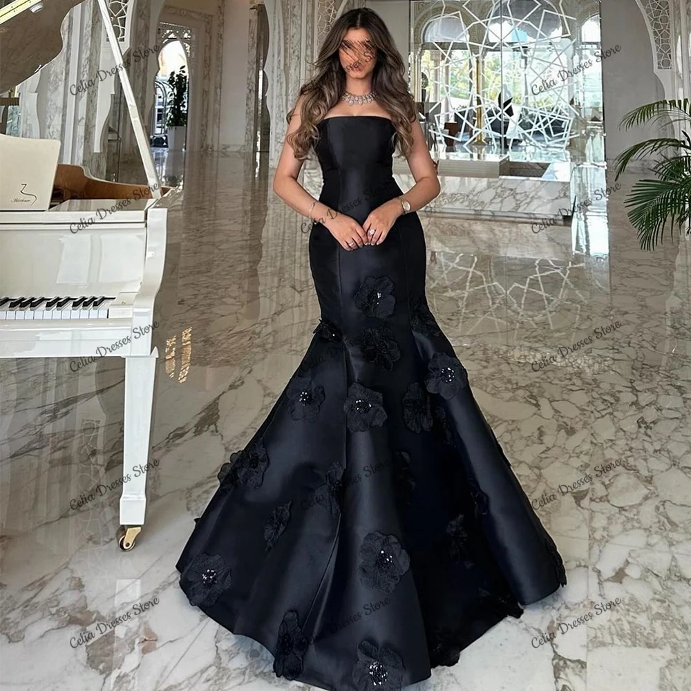 Elegant and Formal Black Mermaid Evening Dress 2024 Woman Handmade Flowers Sleeveless Prom Gowns Saudi Arabia Vestido De Festa