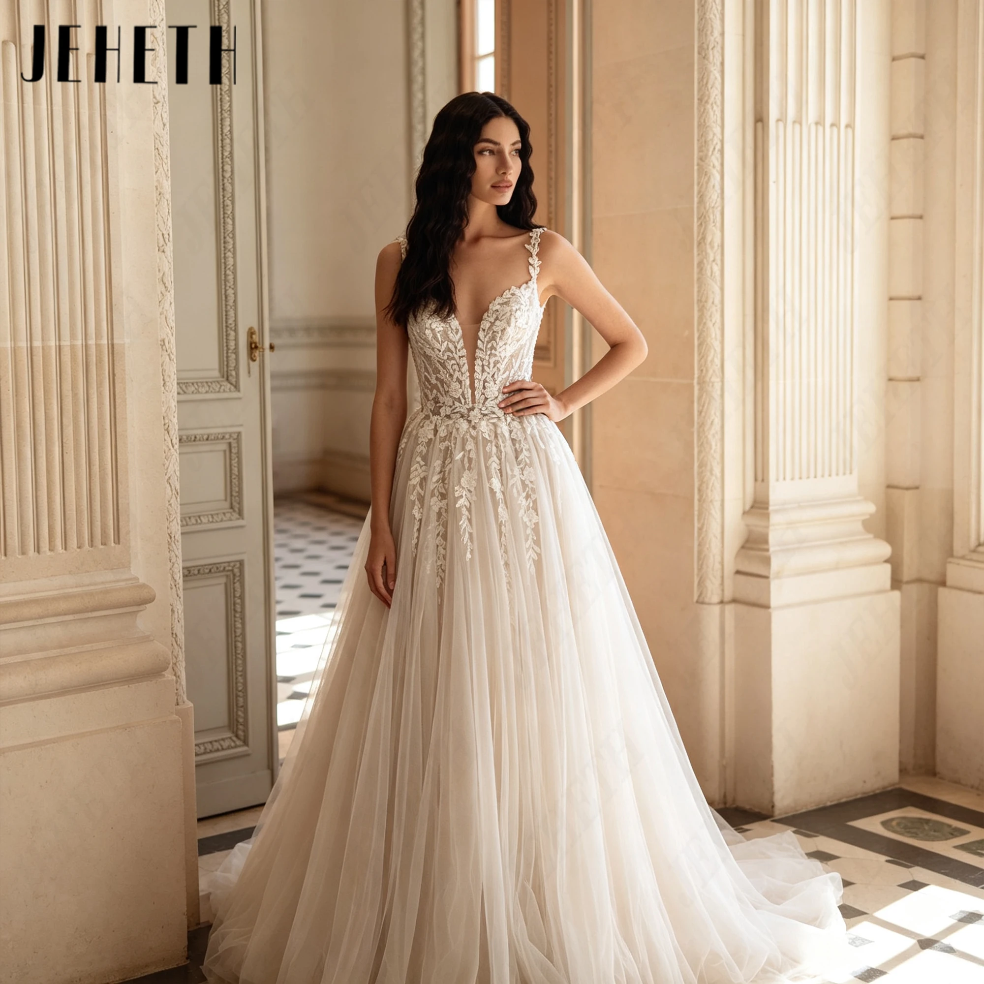 JEHETH Sleeveless Civil Wedding Dresses A-Line Spaghetti Straps Backless Bride Gowns Personalized Bohemian Tulle Lace Appliques