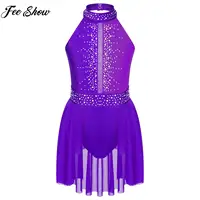 Leotardo de Ballet de patinaje artístico para niñas, tutú sin mangas con diamantes de imitación brillantes, vestido de baile lírico, disfraz de escenario actuación de gimnasia