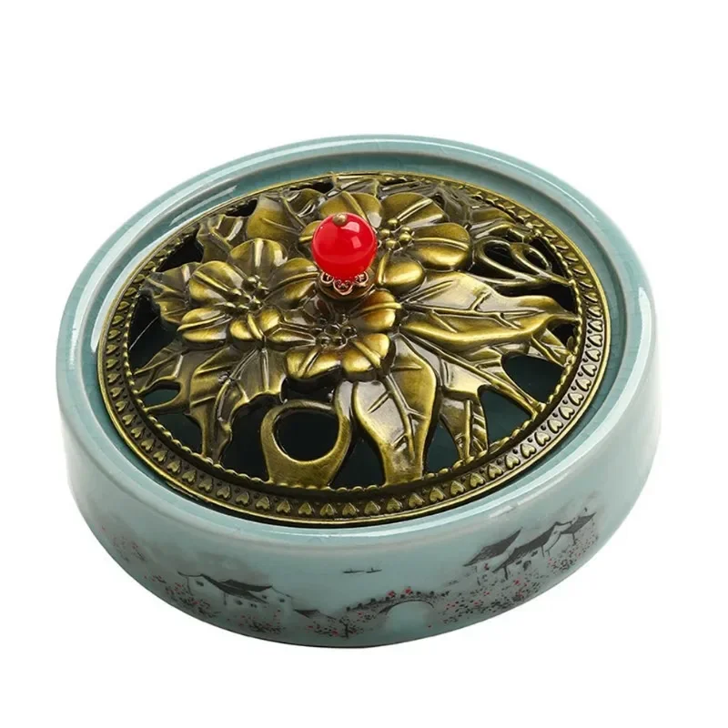 Ceramic Mosquito Coil Box Ge Kiln Coil Incense Burner With Hollow Cover Sandalwood Burner Aromatherapy Furnace Home Decorations